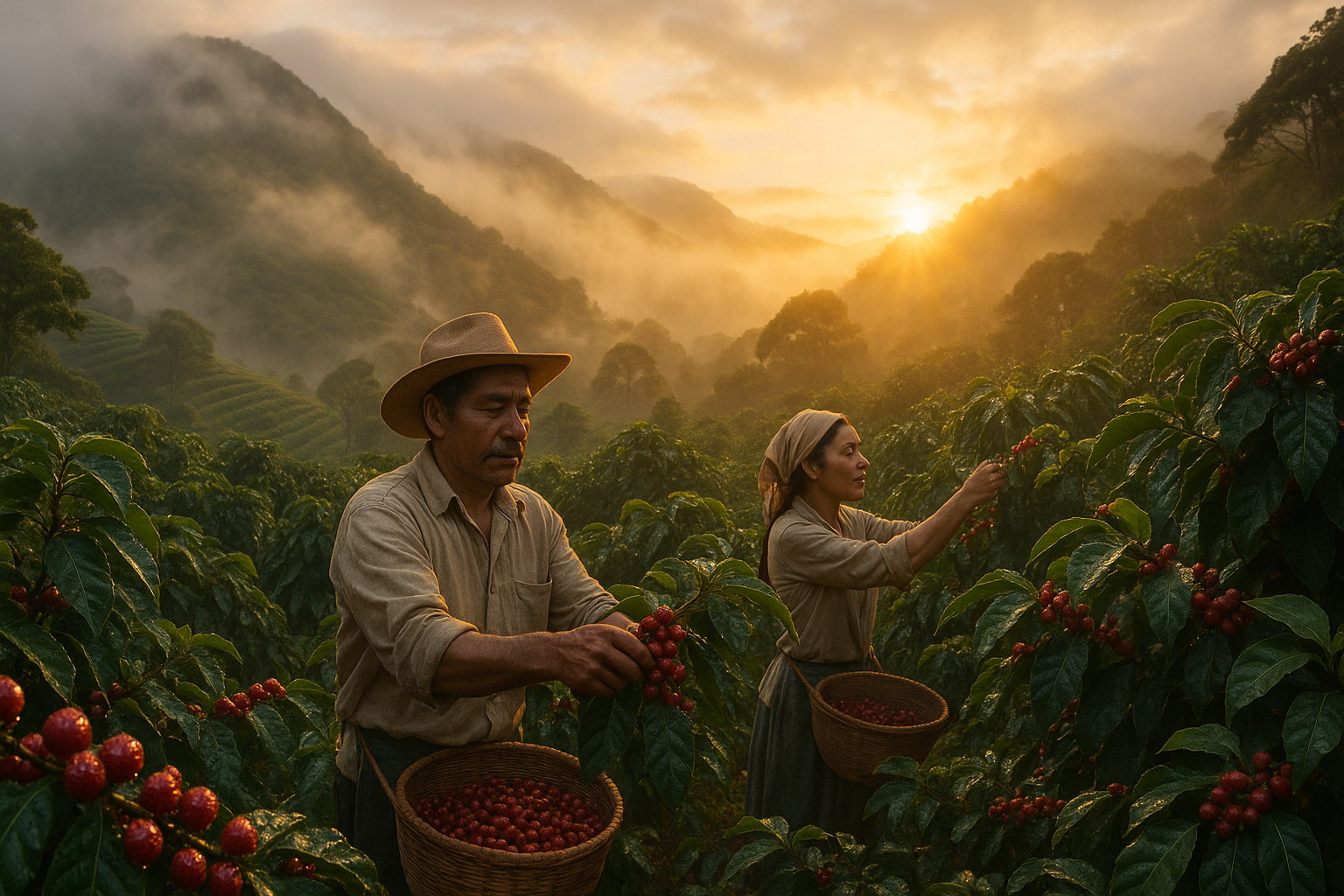 A realistic, cinematic photo-style image of the mist-covered highlands of Apaneca, El Salvador. Show lush green volcanic mountains with rows of coffee plants, red coffee cherries glistening with morning dew, and farmers harvesting. A warm golden sunrise pierces through the fog, creating a magical and vibrant atmosphere. The image should capture heritage, tradition, and the richness of coffee cultivation.